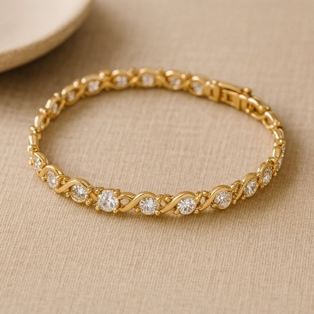 Vintage 14K Gold Over 925 Silver CZ Station Infinity Bracelet EUC 7" #185